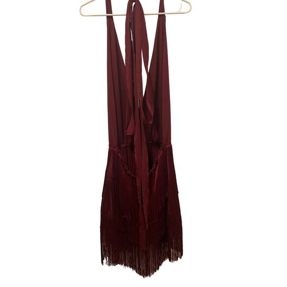 Deep V-Neck Cross Back Fringed Skirt Romper Jumpsuit Burgandy Size L - Picture 16 of 16